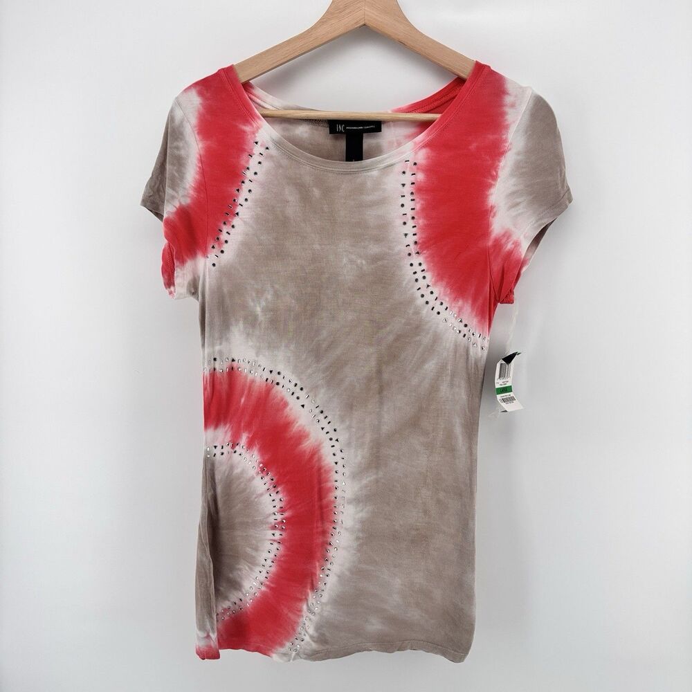 INC International Concepts Women's L Tie Dye Rhinestone Top 100% Rayon NWT